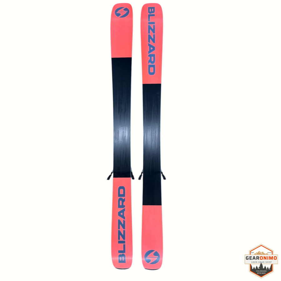 Gearonimo Sports Blizzard Sheeva 9 skis in coral and black with Marker Squire 11 bindings, 150cm length.