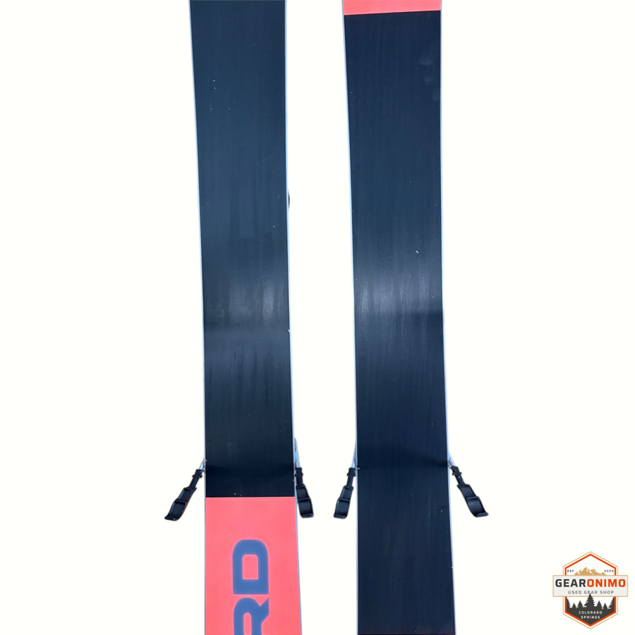 Gearonimo Sports Blizzard Sheeva 9 skis with Marker Squire 11 bindings, featuring black bases and red tail details.