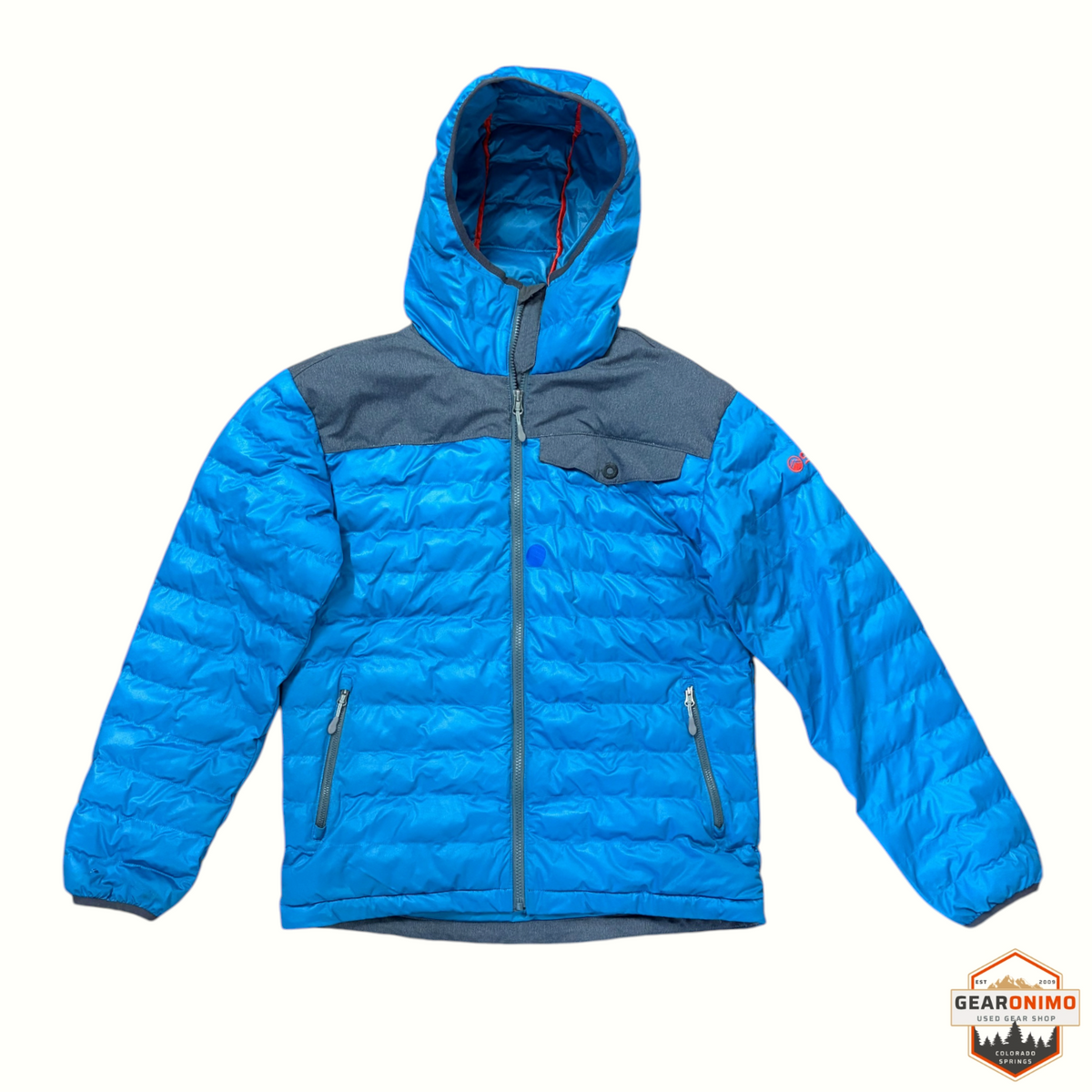 Gearonimo Sports SYNC Performance blue and grey hooded stretch puffy jacket with zippered pockets