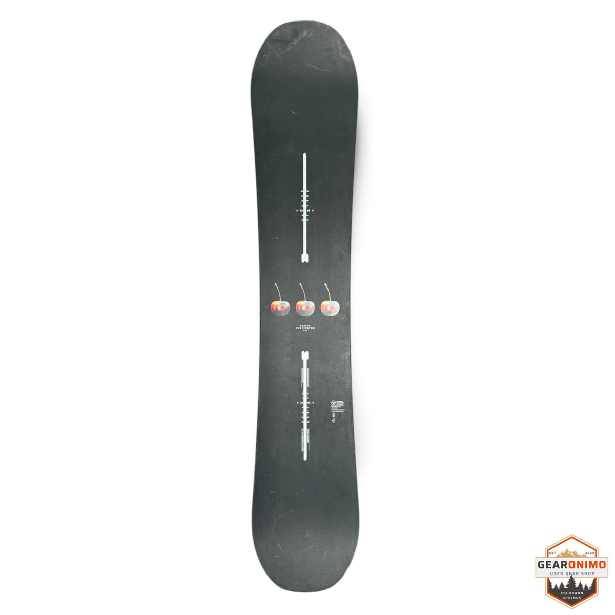 Gearonimo Sports Burton Cultivator snowboard in matte black with a central graphic of three stylized mushrooms