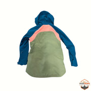 Gearonimo Sports Burton Prowess women's snowboard jacket in blue, olive green, and coral with a hood, back view.