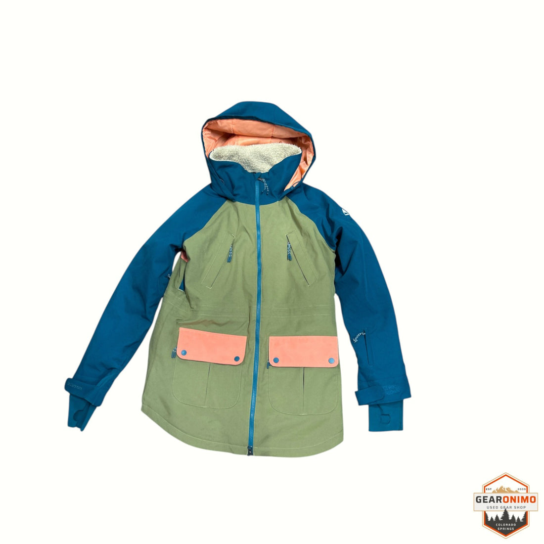 Gearonimo Sports Burton Prowess women's snowboard jacket in blue and olive green with coral pockets and sherpa hood