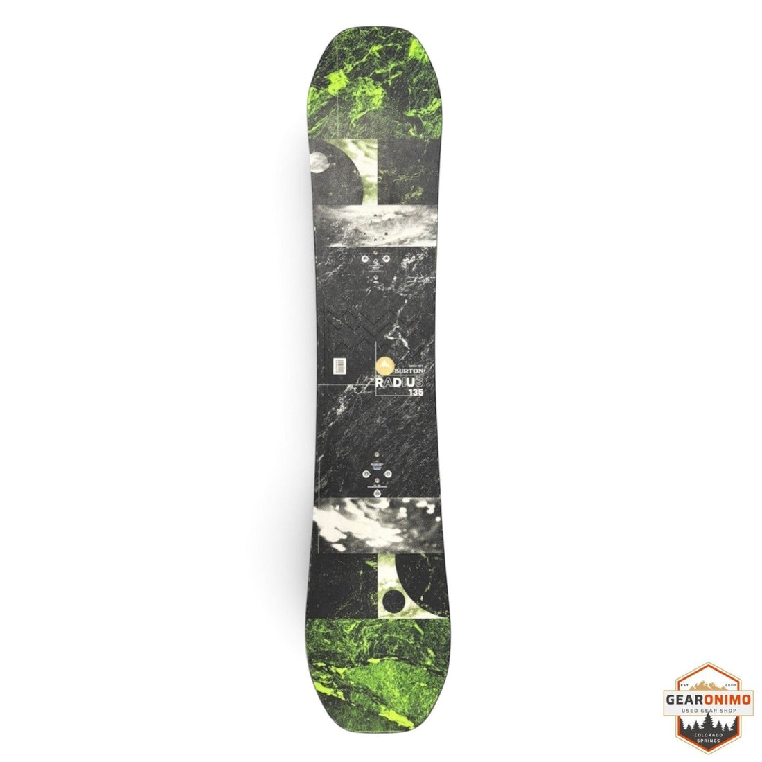 Gearonimo Sports Burton Radius 135cm snowboard with black and green marble graphic design on a concrete floor