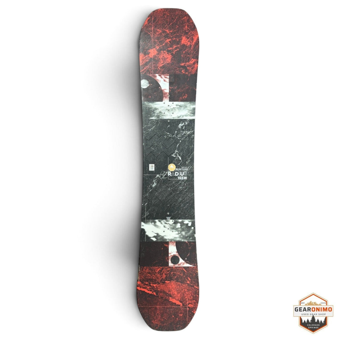 Gearonimo Sports Burton Radius 155W snowboard featuring a black and red abstract graphic design