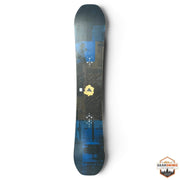 Gearonimo Sports Burton Radius snowboard with black and blue geometric graphic design and central yellow logo detail