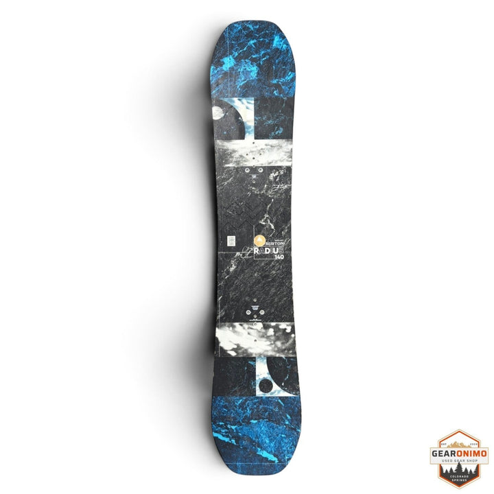 Gearonimo Sports Burton Radius snowboard featuring a black and blue marble-inspired graphic design