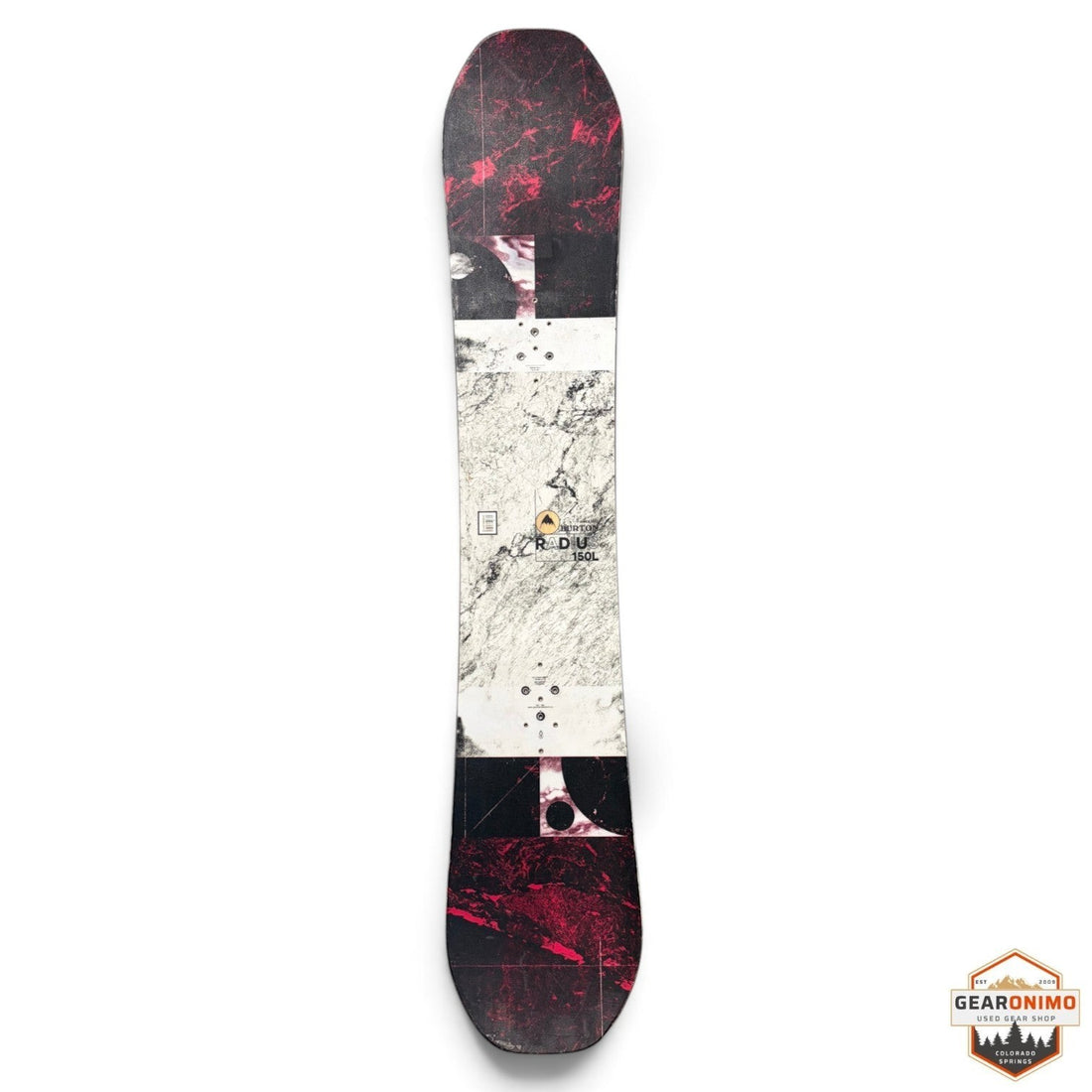 Gearonimo Sports Burton Radius 150L snowboard with a black, white, and red marble-inspired graphic design