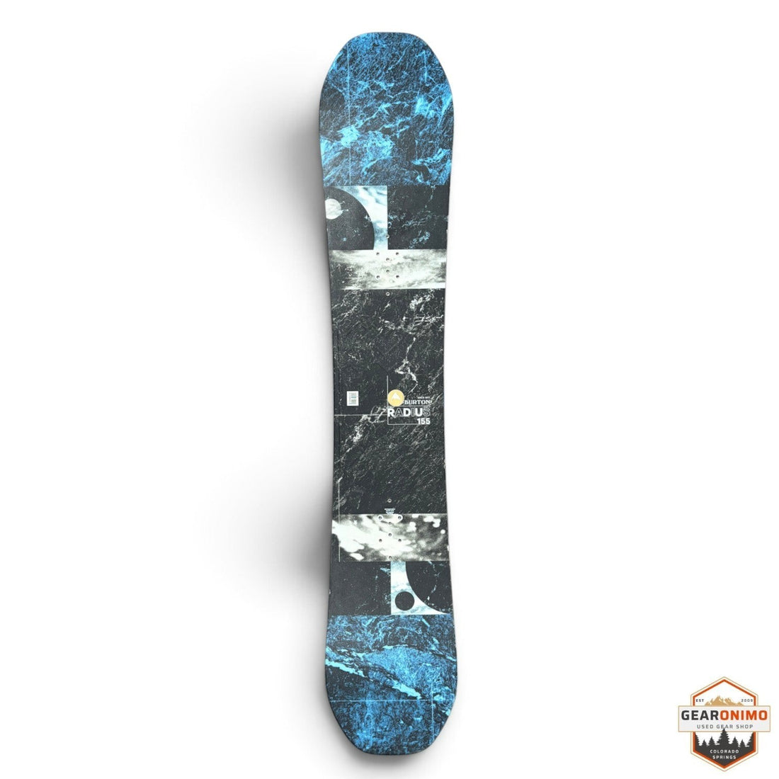 Gearonimo Sports Burton Radius 155 snowboard with a blue and black marble-inspired graphic design