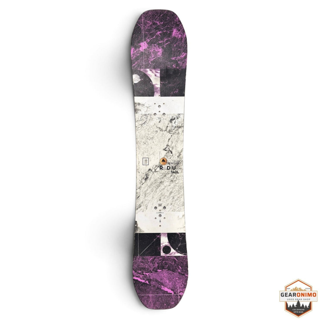 Gearonimo Sports Burton Radius 140L snowboard featuring a white and purple marble graphic design on a top-down view.