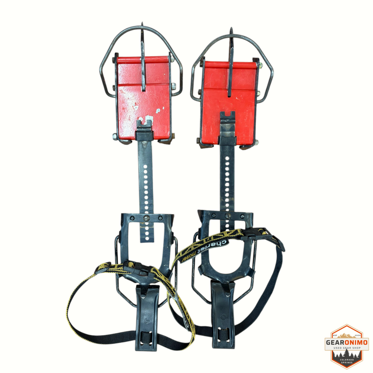 Gearonimo Sports Charlet Moser mono crampons with red metal plates and adjustable black straps for mountaineering.