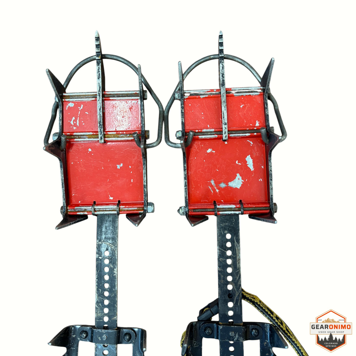 Gearonimo Sports Charlet Moser mono crampons featuring red metal plates and black adjustable steel straps