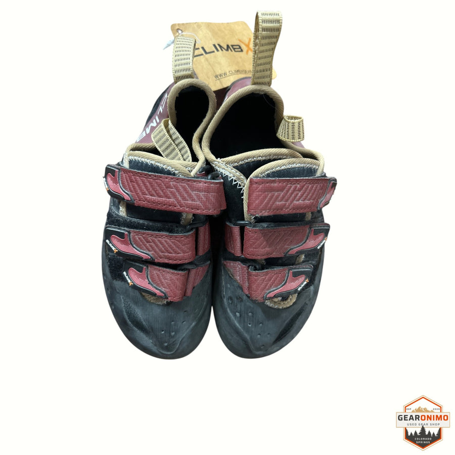 Gearonimo Sports Climb X Rock it climbing shoes in black and maroon with triple hook-and-loop strap closures.