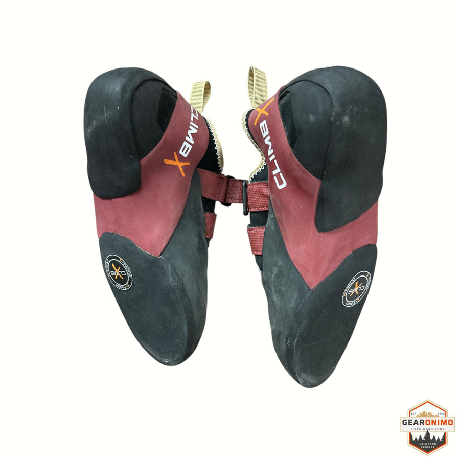 Gearonimo Sports Climb X Rock it climbing shoes in red and black with velcro straps and rubber soles