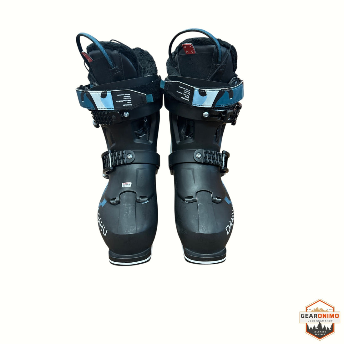 Gearonimo Sports Dahu Ecorce 01 black ski boots with blue camo cuff straps and plush interior lining