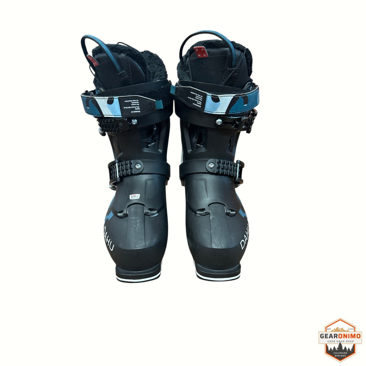 Gearonimo Sports Dahu Ecorce 01 black ski boots with blue camo cuff straps and plush interior lining