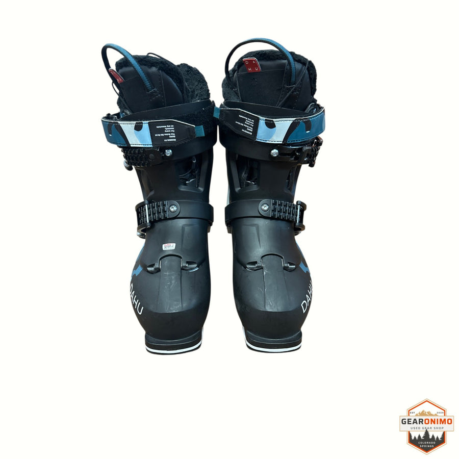 Gearonimo Sports Dahu Ecorce 01 black ski boots with blue camo cuff straps and plush interior lining