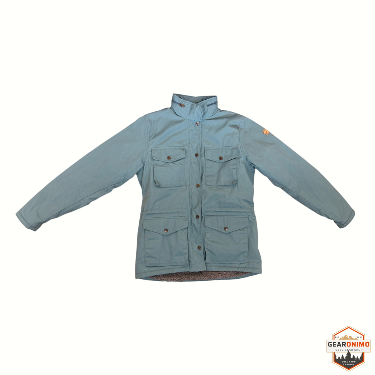 Gearonimo Sports Fjällräven jacket in sage green with four front pockets, button closure, and warm fleece lining.