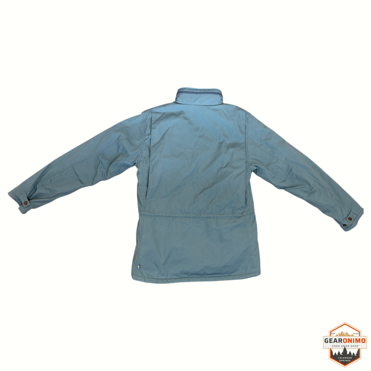 Gearonimo Sports Fjällräven jacket in teal blue, featuring a durable outdoor design with a small Swedish flag detail.