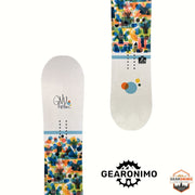 Gearonimo Sports GNU B Nice 142cm snowboard featuring a white topsheet with colorful geometric mountain graphics