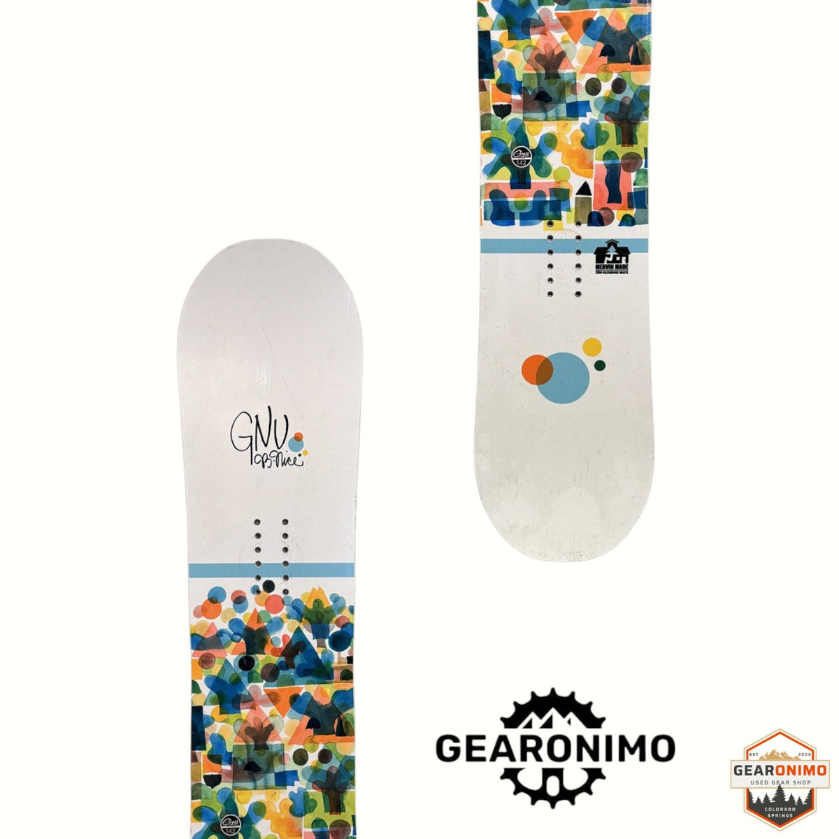 Gearonimo Sports GNU B Nice 142cm snowboard featuring a white topsheet with colorful geometric mountain graphics