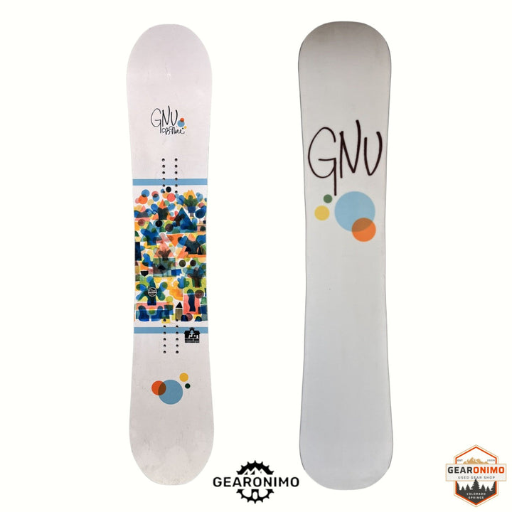 Gearonimo Sports GNU B Nice 142cm snowboard showing white topsheet with colorful geometric art and base with logo