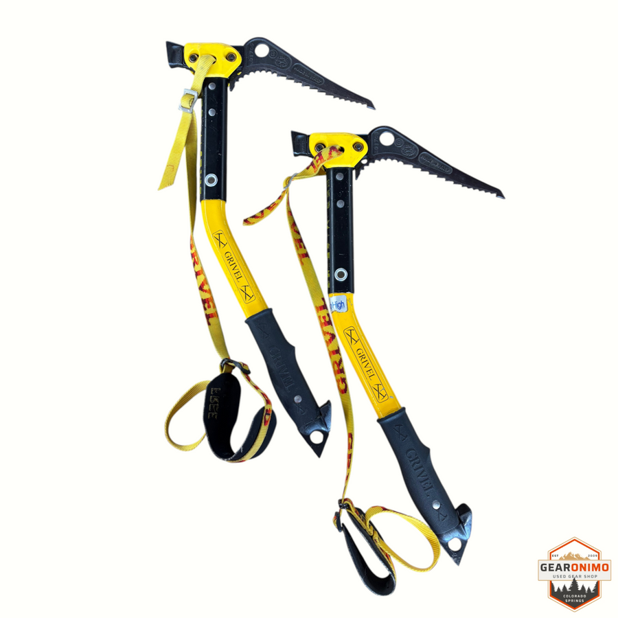 Gearonimo Sports Grivel Machine ice tool set with yellow shafts, black heads, and integrated wrist leashes