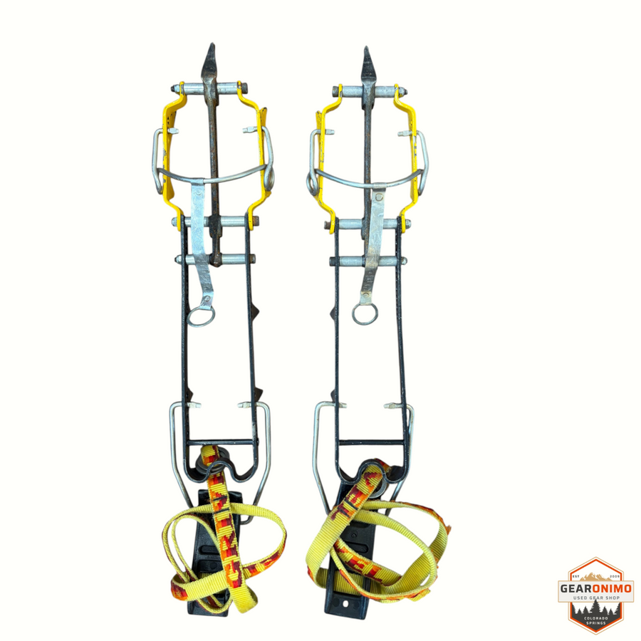 Gearonimo Sports Grivel mono crampons with yellow frames and adjustable straps for technical ice climbing