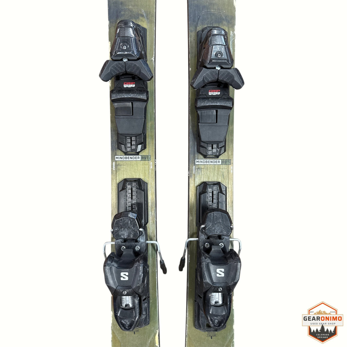 Gearonimo Sports K2 Mind Bender 89 Ti skis with black bindings, top-down view on white background