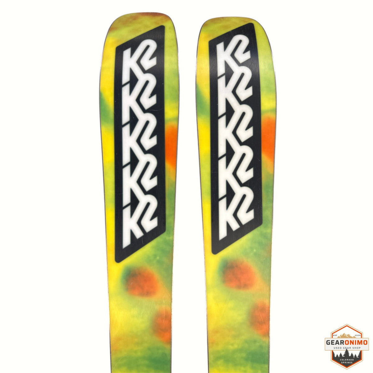 Gearonimo Sports K2 Mind Bender 89 Ti skis featuring a yellow and green tie-dye pattern with black K2 branding