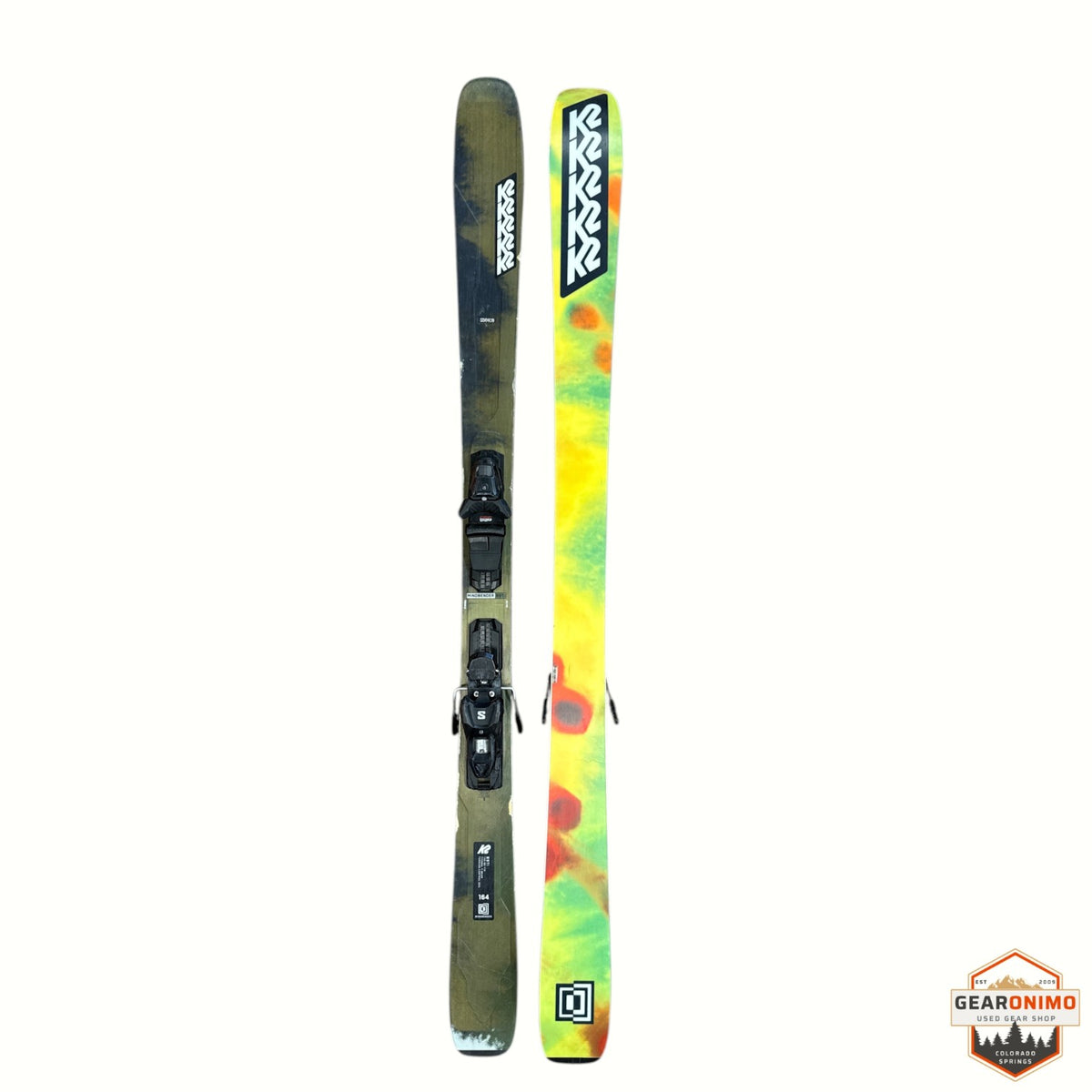 Gearonimo Sports K2 Mind Bender 89 Ti skis in 164cm, featuring a green and yellow tie-dye base and black top sheet.