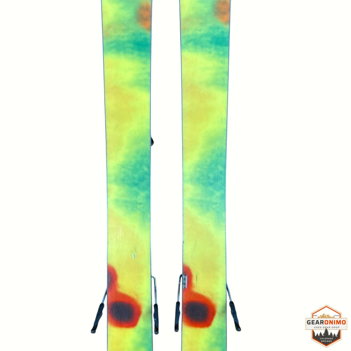 Gearonimo Sports K2 Mind Bender 89 Ti skis featuring a vibrant yellow and green abstract graphic design
