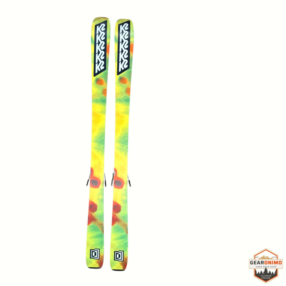 Gearonimo Sports K2 Mind Bender 89 Ti skis featuring a vibrant yellow, green, and red abstract graphic design.