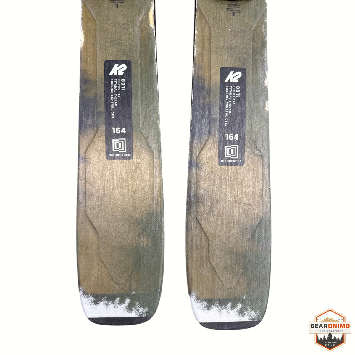 Gearonimo Sports K2 Mind Bender 89 Ti skis in 164 cm length with a green and brown camouflage graphic design