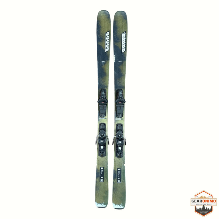 Gearonimo Sports K2 MindBender 89Ti skis in olive green with black bindings, 164 cm length, top-down view.