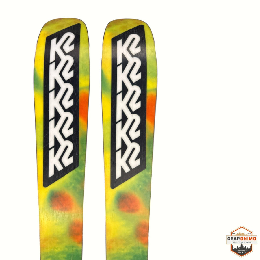 Gearonimo Sports K2 MindBender 89ti skis in 164 cm with a vibrant yellow, green, and orange abstract graphic design