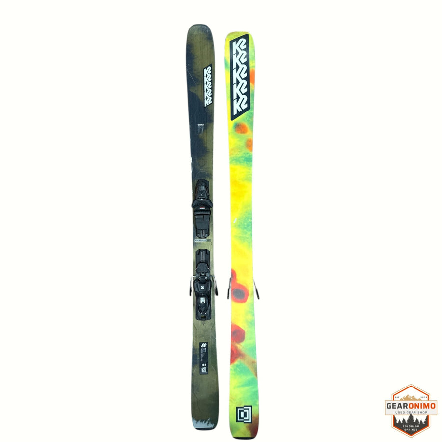 Gearonimo Sports K2 MindBender 89Ti skis in 164cm featuring a dark green top sheet and vibrant yellow base design.