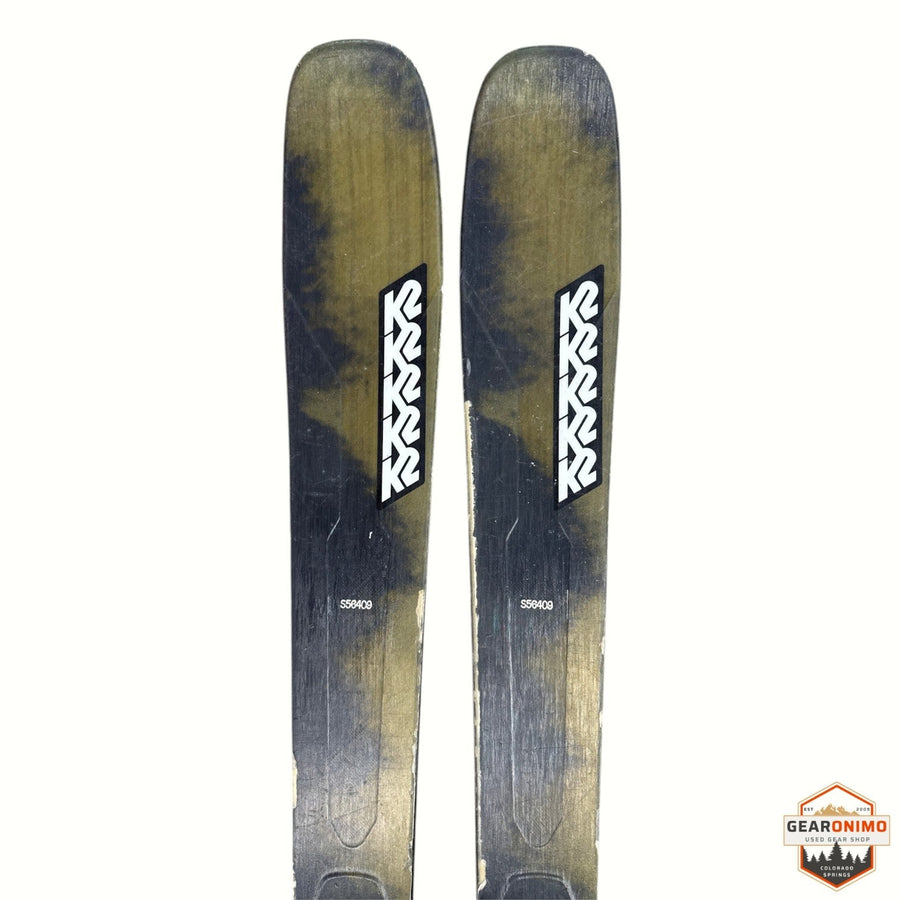Gearonimo Sports K2 MindBender 89ti skis in olive green and black with white logo branding, 164 cm length