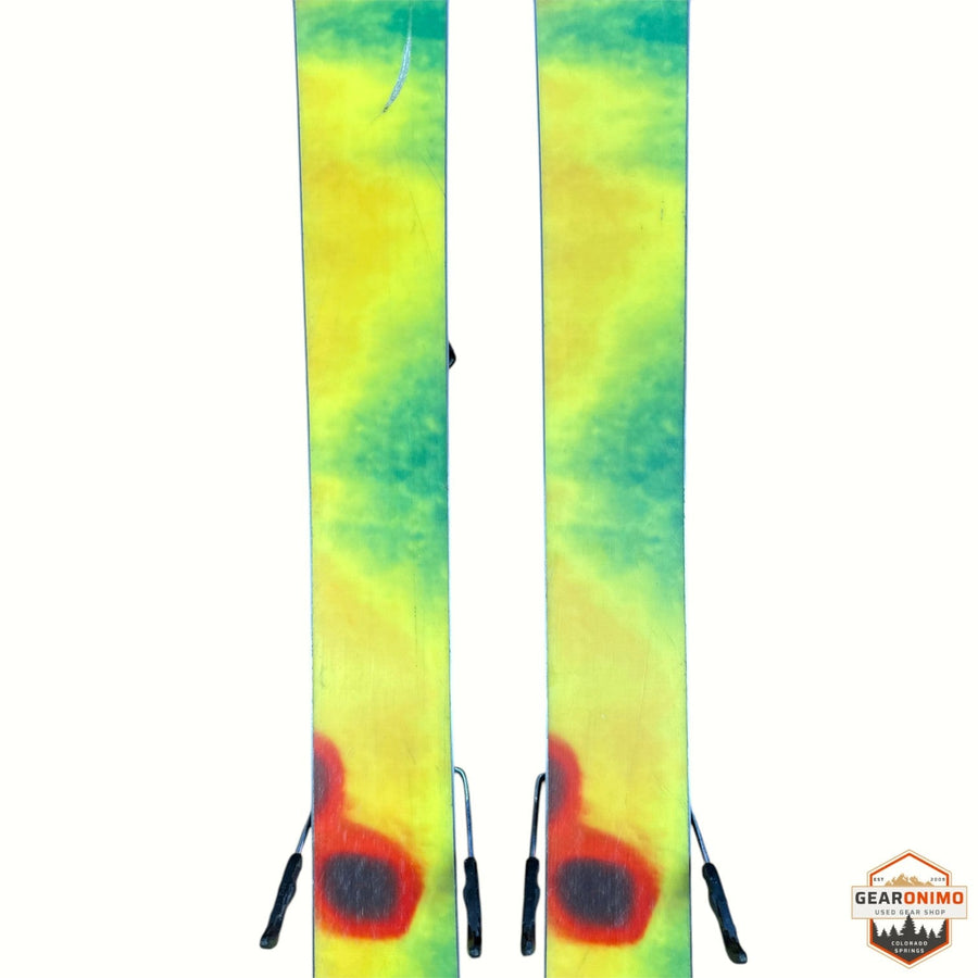 Gearonimo Sports K2 MindBender 89ti skis in 164 cm with a vibrant yellow, green, and red abstract graphic design