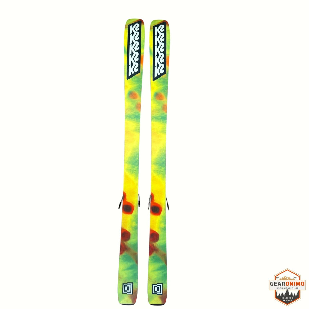 Gearonimo Sports K2 MindBender 89Ti skis featuring a vibrant yellow and green tie-dye pattern, 170 cm length
