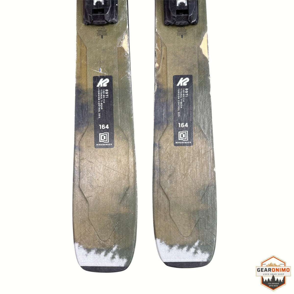 Gearonimo Sports K2 MindBender 89ti skis in 164 cm length with olive green and black graphic design