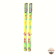 Gearonimo Sports K2 MindBender 89Ti skis in 170 cm featuring a vibrant yellow, green, and red abstract tie-dye design.
