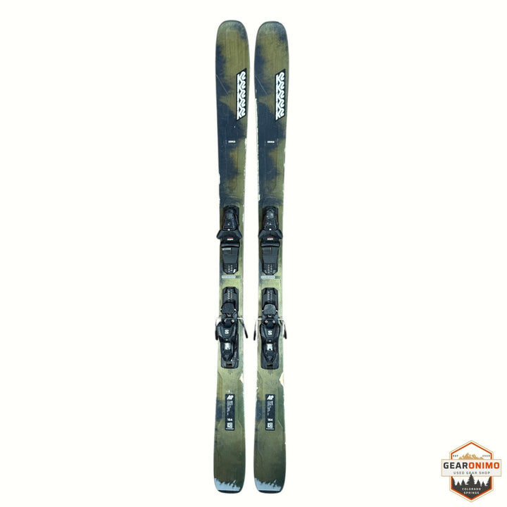 Gearonimo Sports K2 MindBender 89ti skis in 164 cm length with mounted bindings, featuring a green graphic design.