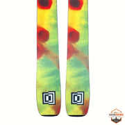 Gearonimo Sports K2 MindBender 89Ti skis featuring a vibrant yellow, green, and red tie-dye graphic top sheet.