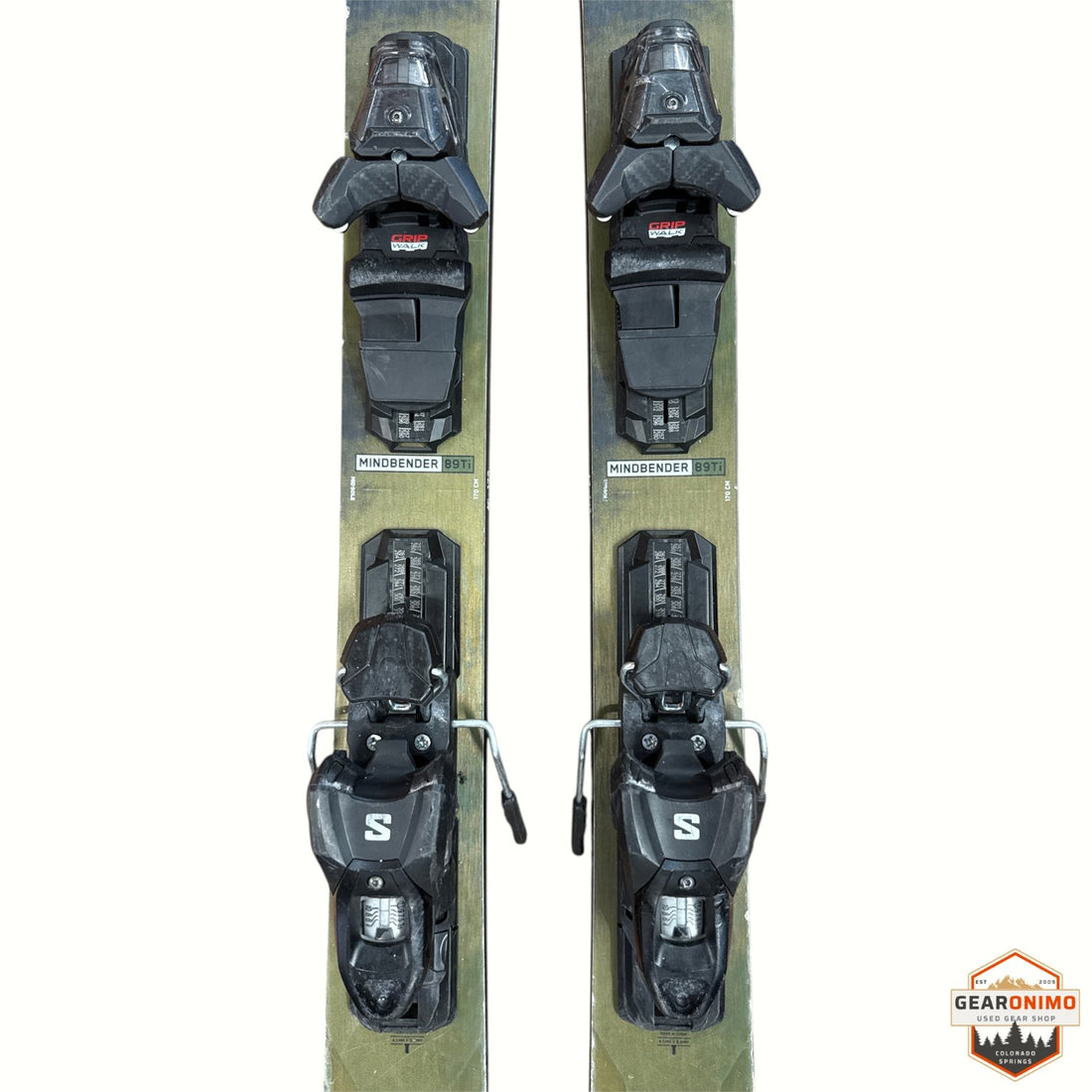 Gearonimo Sports K2 MindBender 89Ti skis in 170 cm length with mounted black GripWalk bindings, top-down view.