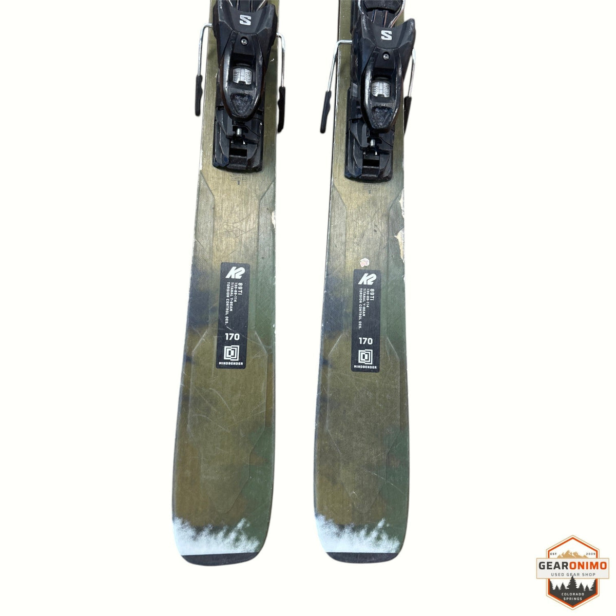 Gearonimo Sports K2 MindBender 89Ti skis, 170 cm length, featuring black bindings and a green textured topsheet.