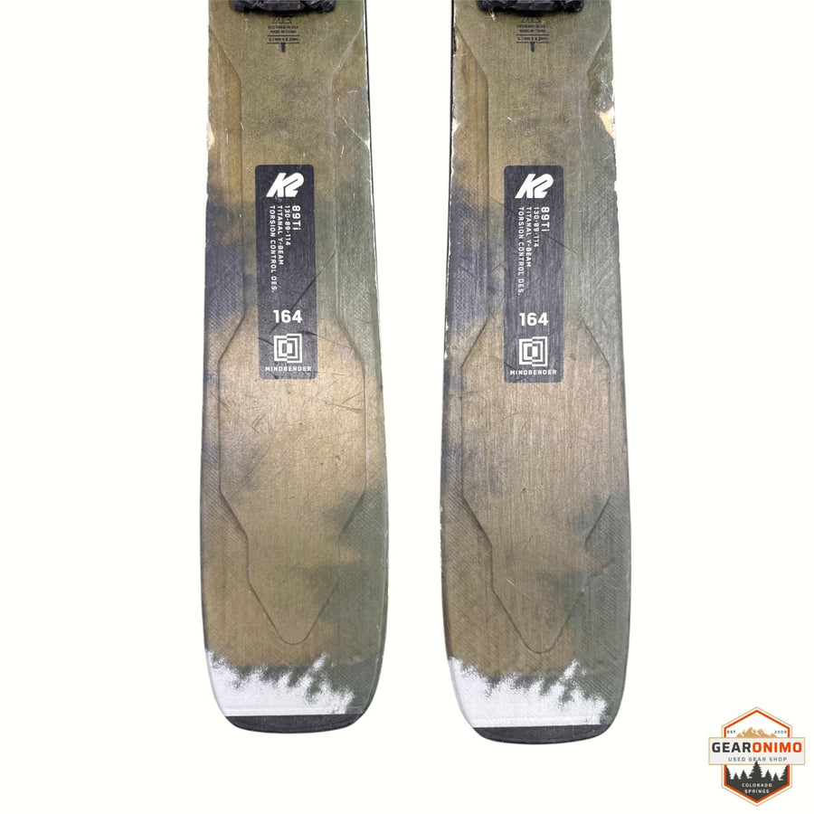 Gearonimo Sports K2 MindBender 89Ti skis in olive green with Titanal Y-Beam construction, 164 cm length