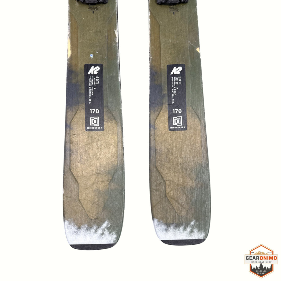 Gearonimo Sports K2 MindBender 89Ti skis in olive green with Titanal Y-Beam construction, size 170 cm
