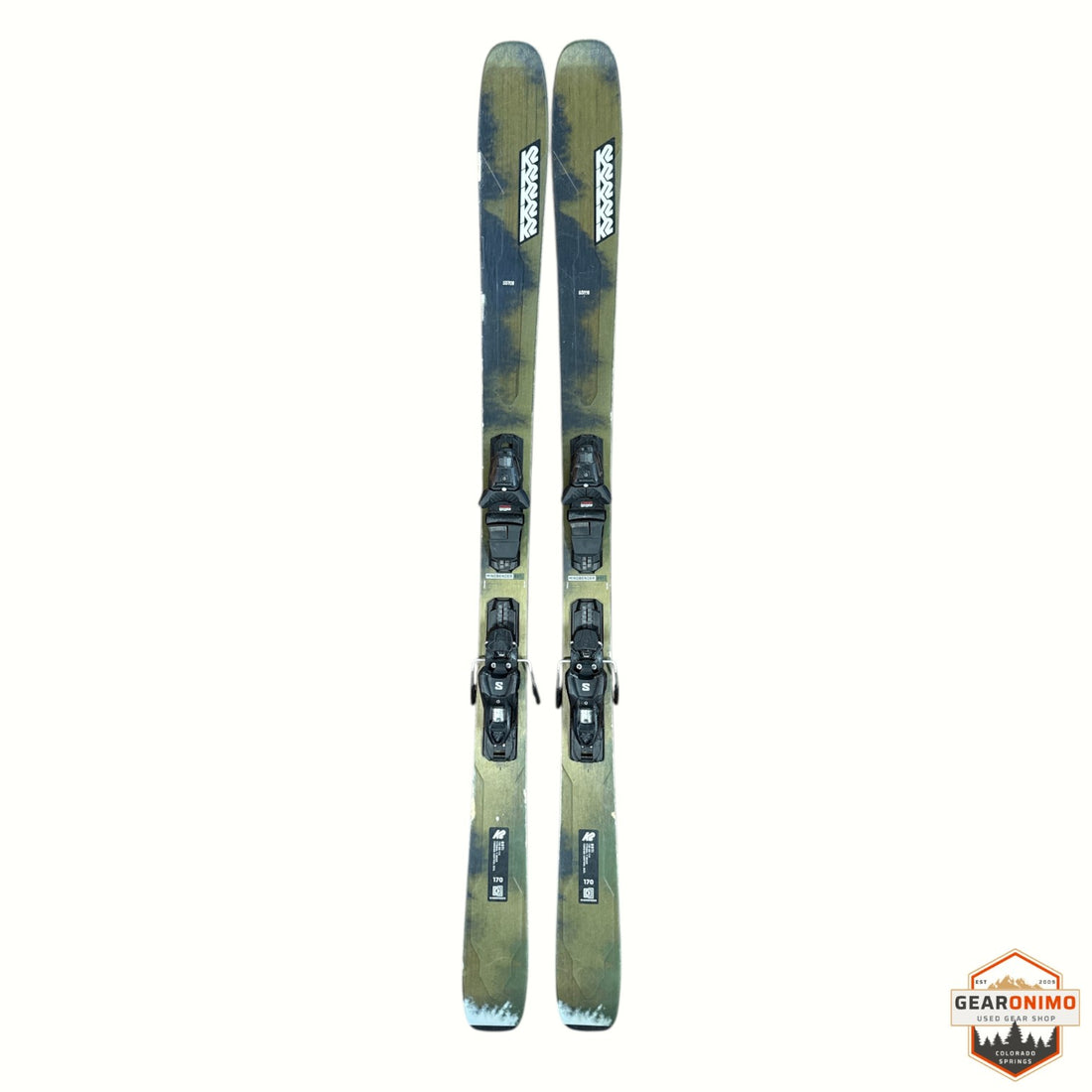 Gearonimo Sports K2 MindBender 89Ti skis in olive green with mounted bindings, 170 cm length, top-down view.