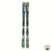 Gearonimo Sports K2 MindBender 89Ti skis in olive green with mounted bindings, 170 cm length, top-down view.