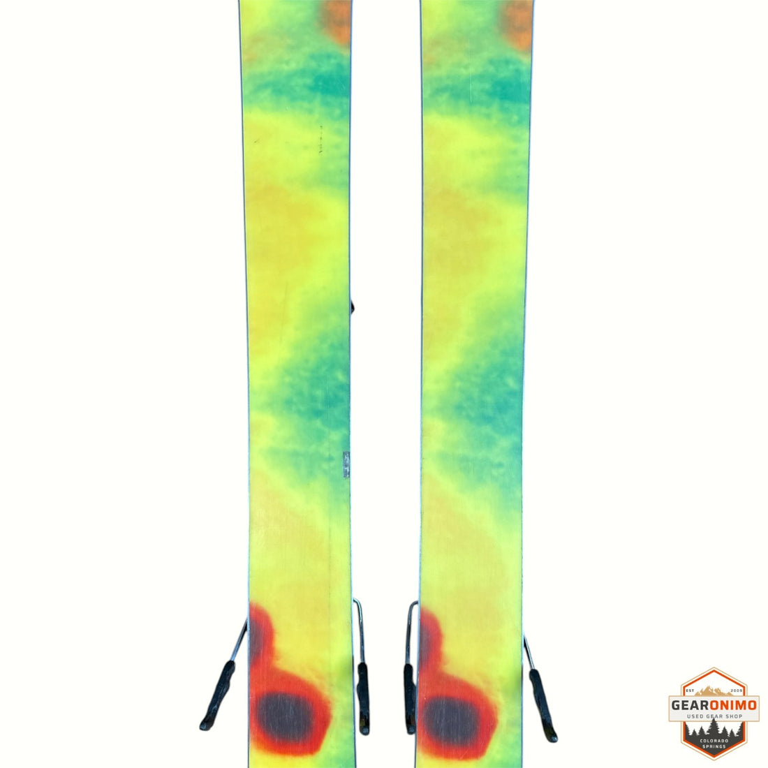 Gearonimo Sports K2 MindBender 89Ti skis featuring a vibrant yellow, green, and red tie-dye base design
